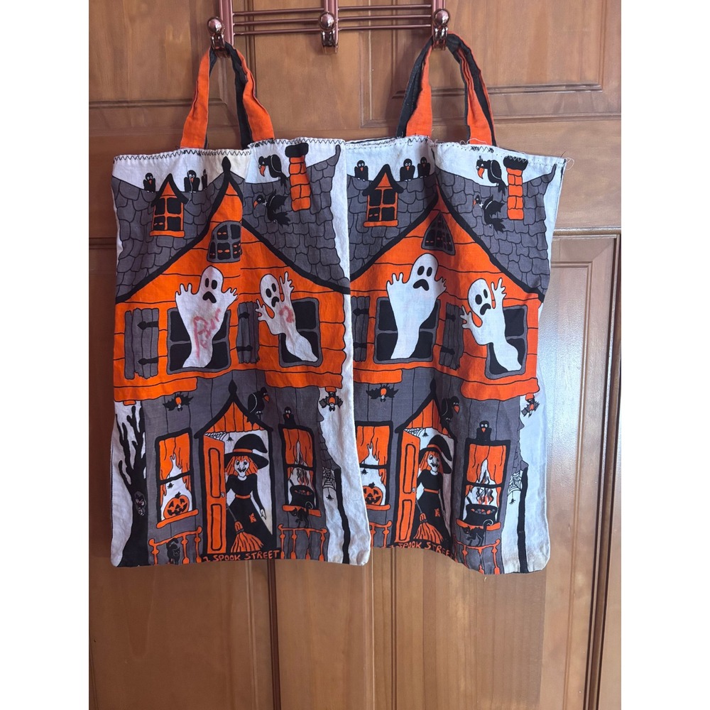 Vintage Halloween Haunted House Spook Street Trick or Treat Tote Bags Set of 2